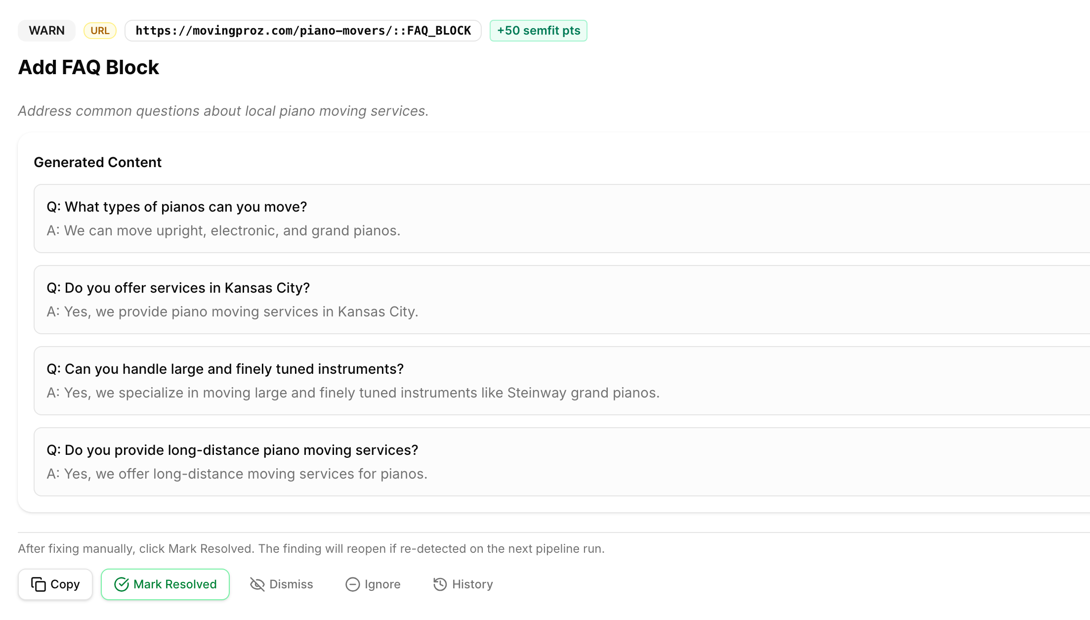 Expanded recommendation view (Add FAQ Block) with generated Q&A